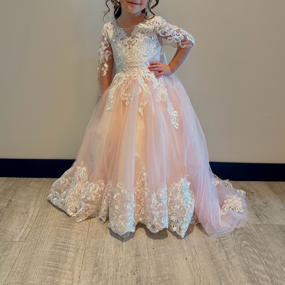 Girls' Pink Lace Appliqué Tulle Dress
